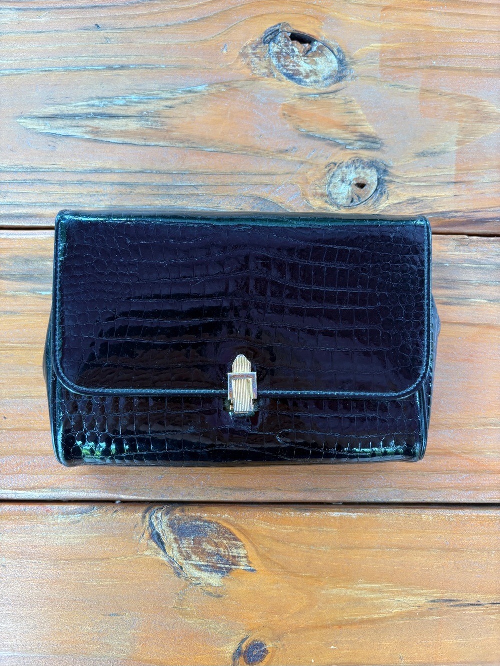 Vintage Susan Gail Patent Clutch Purse in Black, Mini, Croc Embossed